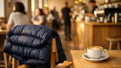 How to hang a long puffer jacket on a café chair without it touching the floor