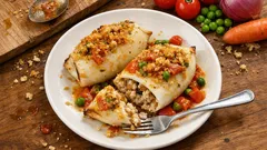 Air Fryer Stuffed Cuttlefish with Tomato, Peas, and a Golden Breadcrumb Top